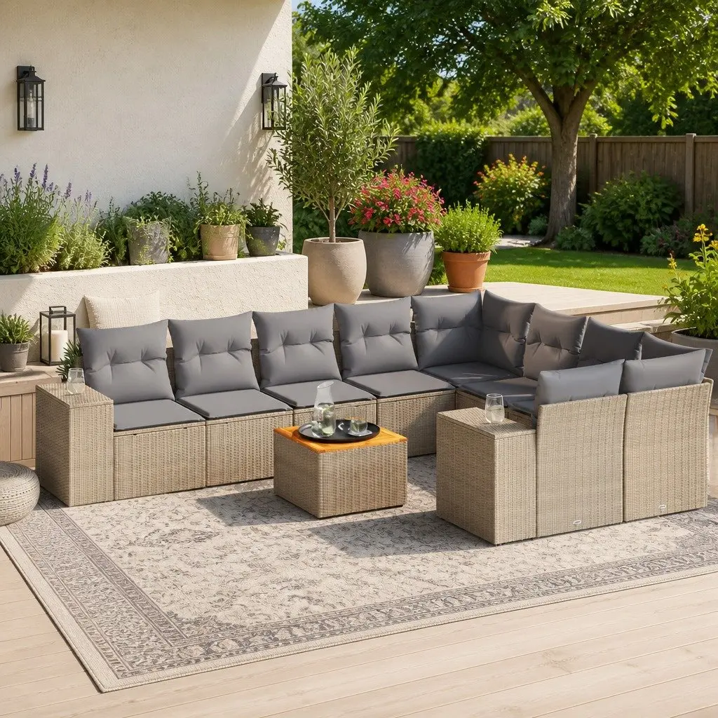 Garden Sofa Set 10 Piece PE Rattan Outdoor Furniture Beige Modular Patio Seating