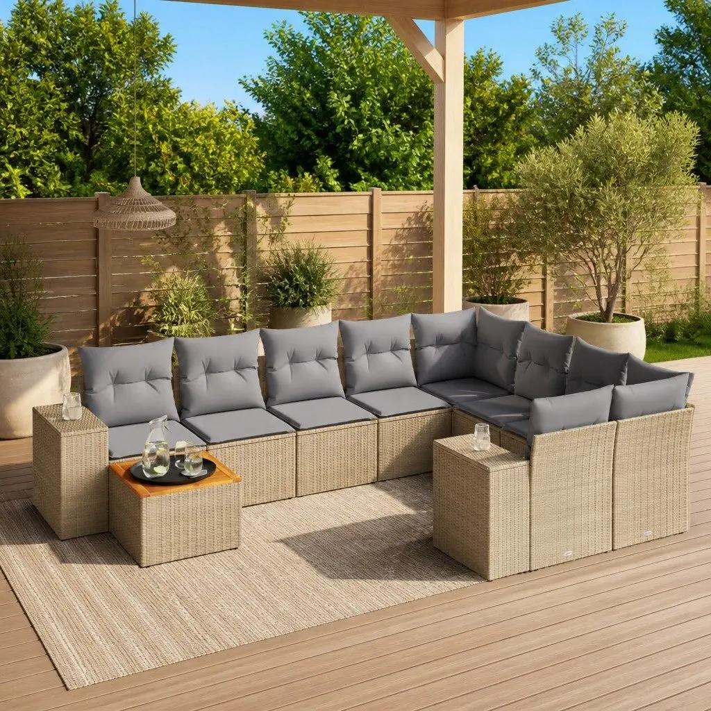 Garden Sofa Set 10 Piece Outdoor Furniture Beige Poly Rattan with Cushions