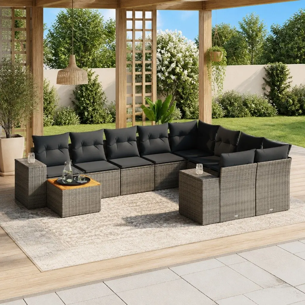Garden Sofa Set 10 Piece Outdoor Furniture Grey Rattan Sectional with Storage