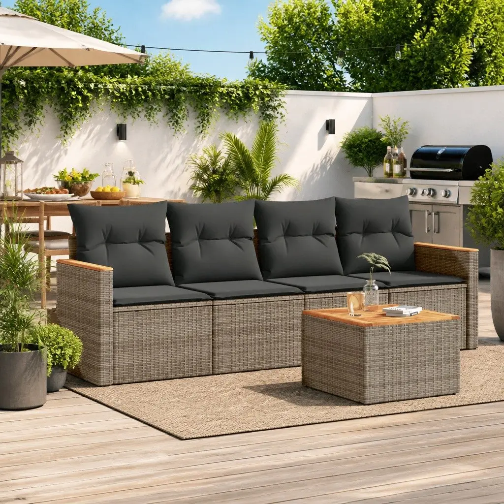 5 Piece Outdoor Furniture Set Grey PE Rattan Modular Sofa with Acacia Wood Tabletop and Storage for Garden Patio