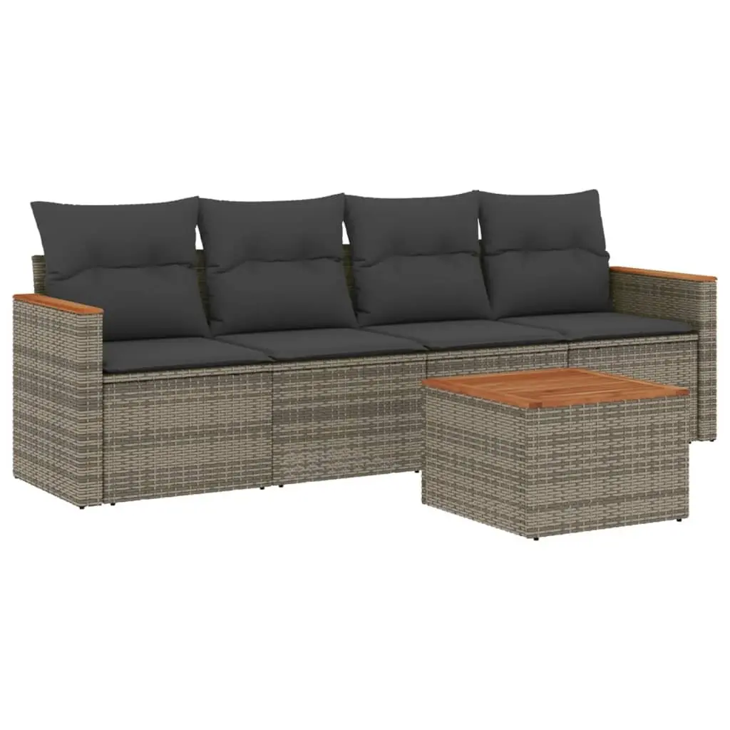 5 Piece Outdoor Furniture Set Grey PE Rattan Modular Sofa with Acacia Wood Tabletop and Storage for Garden Patio