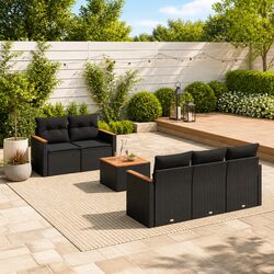 6 Piece Outdoor Garden Sofa Set Black Poly Rattan Patio Furniture with Storage