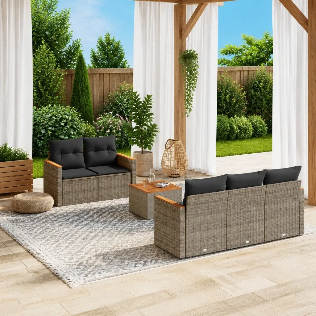Garden Sofa Set PE Rattan 6 Piece Outdoor Furniture Grey with Acacia Wood Table Top