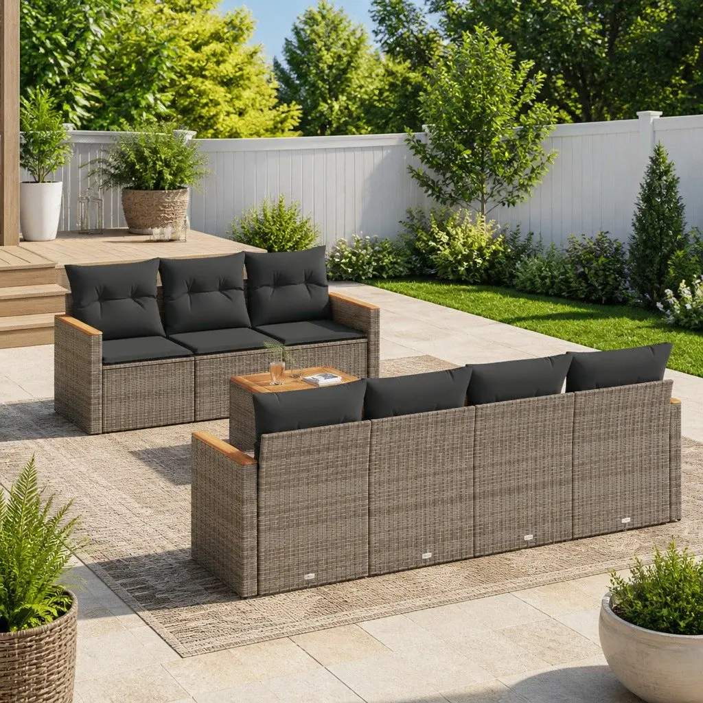 Garden Sofa Set PE Rattan 8 Piece Outdoor Furniture Grey Modular Patio Sectional with Acacia Wood Table Top