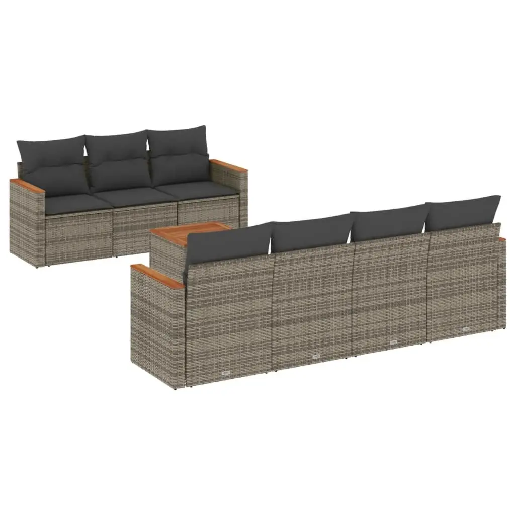 Garden Sofa Set PE Rattan 8 Piece Outdoor Furniture Grey Modular Patio Sectional with Acacia Wood Table Top