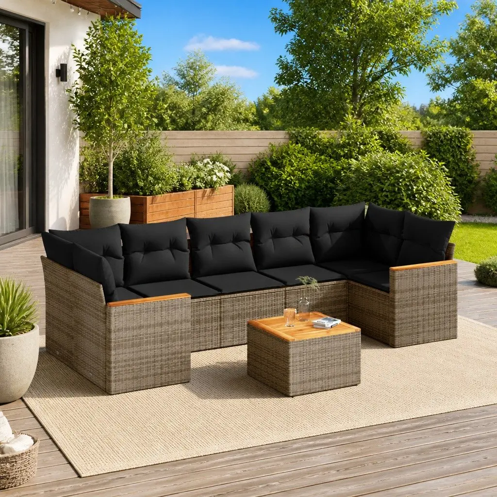 Garden Sofa Set PE Rattan 8 Piece Outdoor Furniture Grey Acacia Wood Table Top