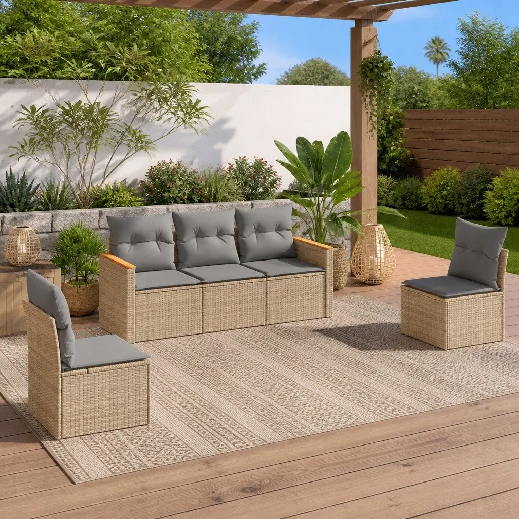 Garden Sofa Set 5 Piece PE Rattan Outdoor Furniture Beige Patio Seating