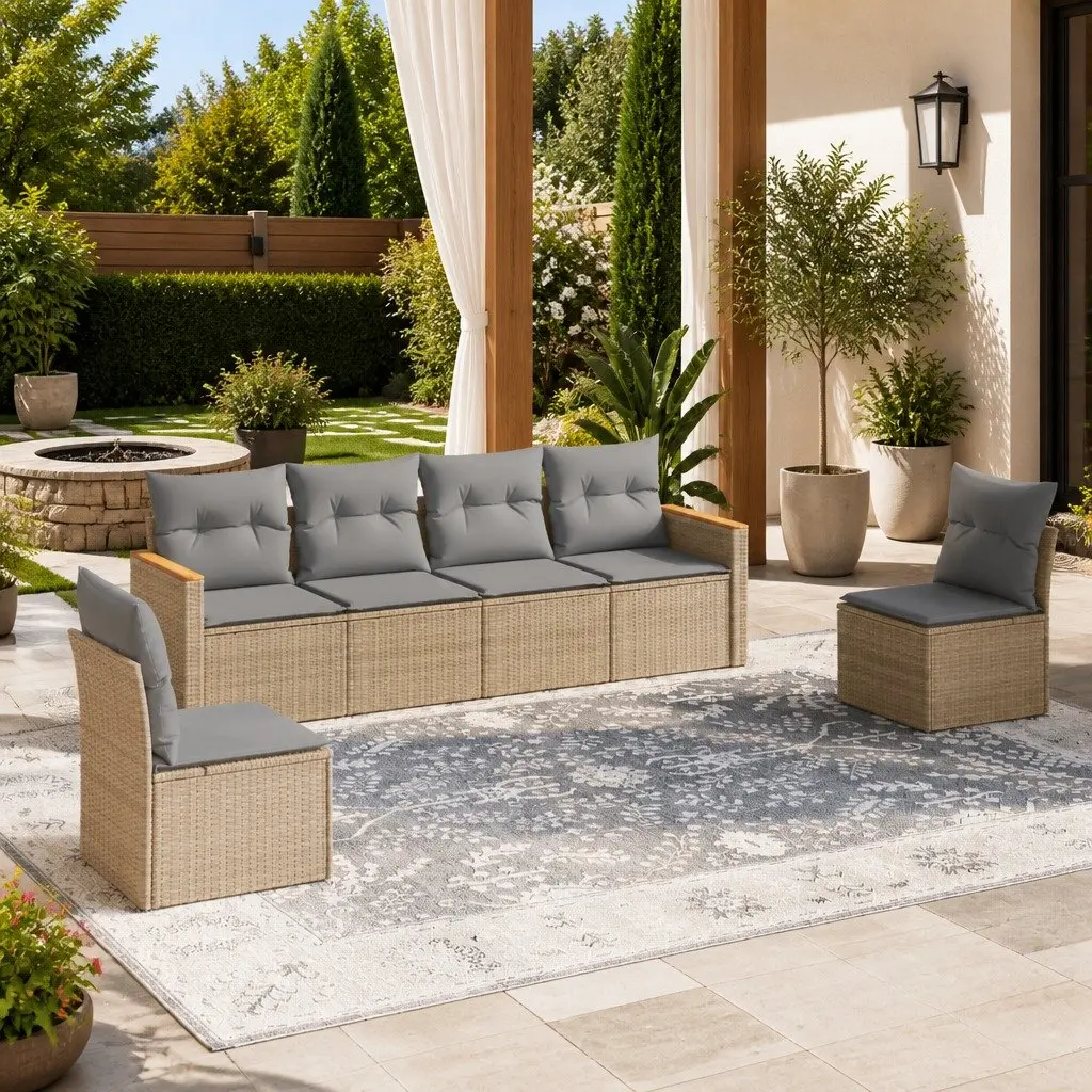 Garden Sofa Set Modular PE Rattan 6 Piece Outdoor Furniture Patio Beige