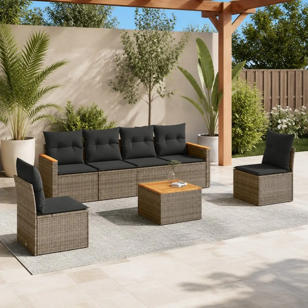 7 Piece Garden Sofa Set PE Rattan Modular Grey Outdoor Furniture with Acacia Wood Tabletop