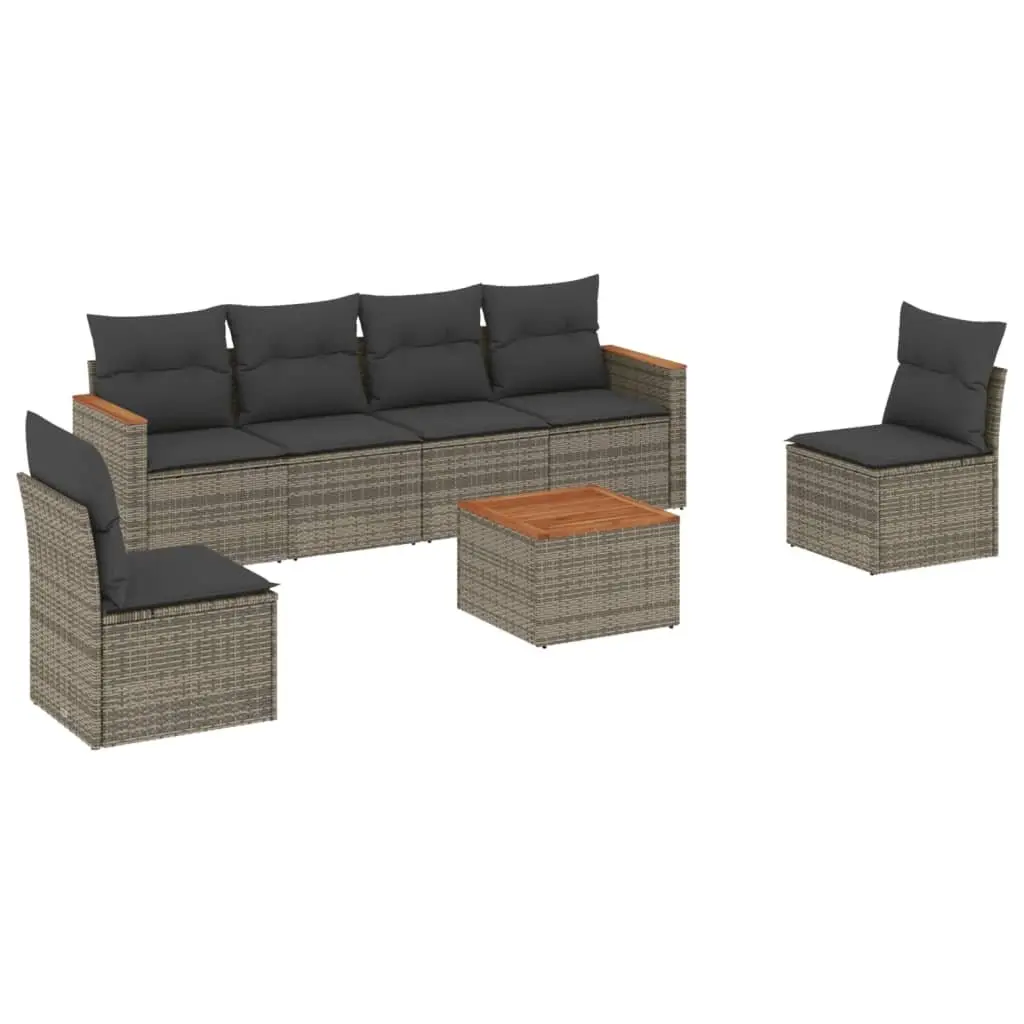 7 Piece Garden Sofa Set PE Rattan Modular Grey Outdoor Furniture with Acacia Wood Tabletop