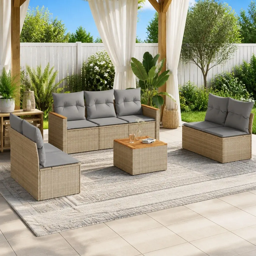 Outdoor Garden Sofa Set 8 Piece Beige Poly Rattan Patio Furniture with Cushions