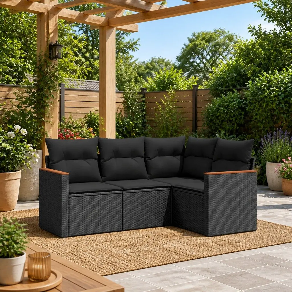 Garden Sofa Set 4 Piece Outdoor Furniture Black Poly Rattan with Cushions