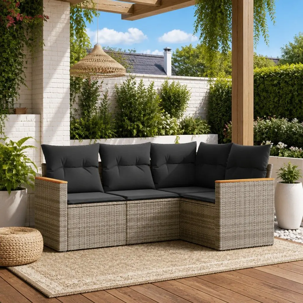 Garden Sofa Set PE Rattan 4 Piece Modular Outdoor Furniture Grey with Cushions Storage