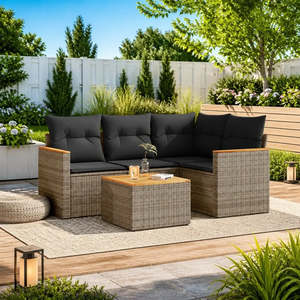 5 Piece Garden Sofa Set PE Rattan Grey with Acacia Wood Table Top Outdoor Furniture