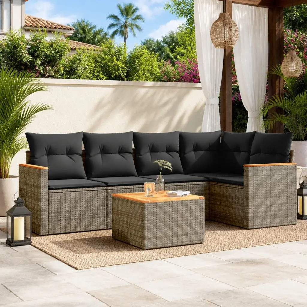 Garden Sofa Set 6 Piece Modular PE Rattan Grey Outdoor Furniture with Acacia Wood Table Top and Removable Cushion Covers