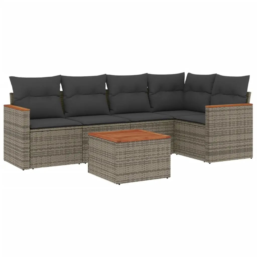 Garden Sofa Set 6 Piece Modular PE Rattan Grey Outdoor Furniture with Acacia Wood Table Top and Removable Cushion Covers