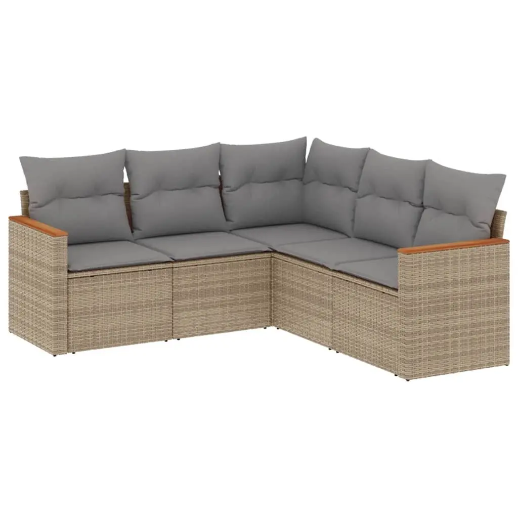 5 Piece Garden Sofa Set Poly Rattan Beige with Cushions