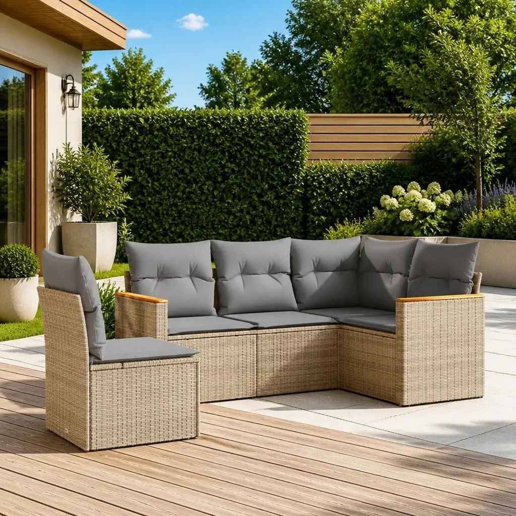 Garden Sofa Set Modular PE Rattan 5 Piece Outdoor Furniture Beige