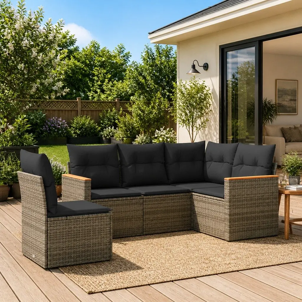 Outdoor Furniture 5 Piece Modular Garden Sofa Set Grey Rattan with Cushions and Storage Compartment