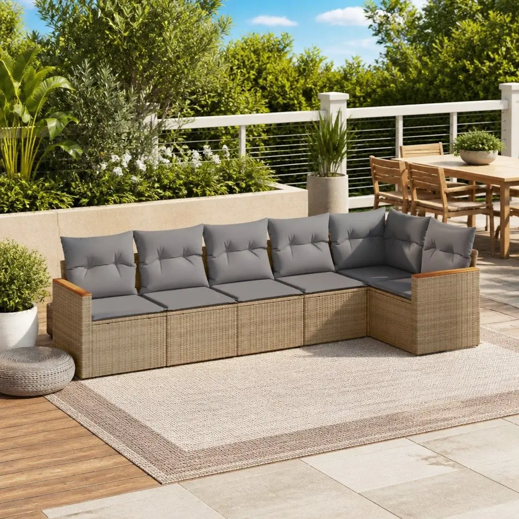 Garden Sofa Set 6 Piece Outdoor Patio Furniture Beige Poly Rattan Modular