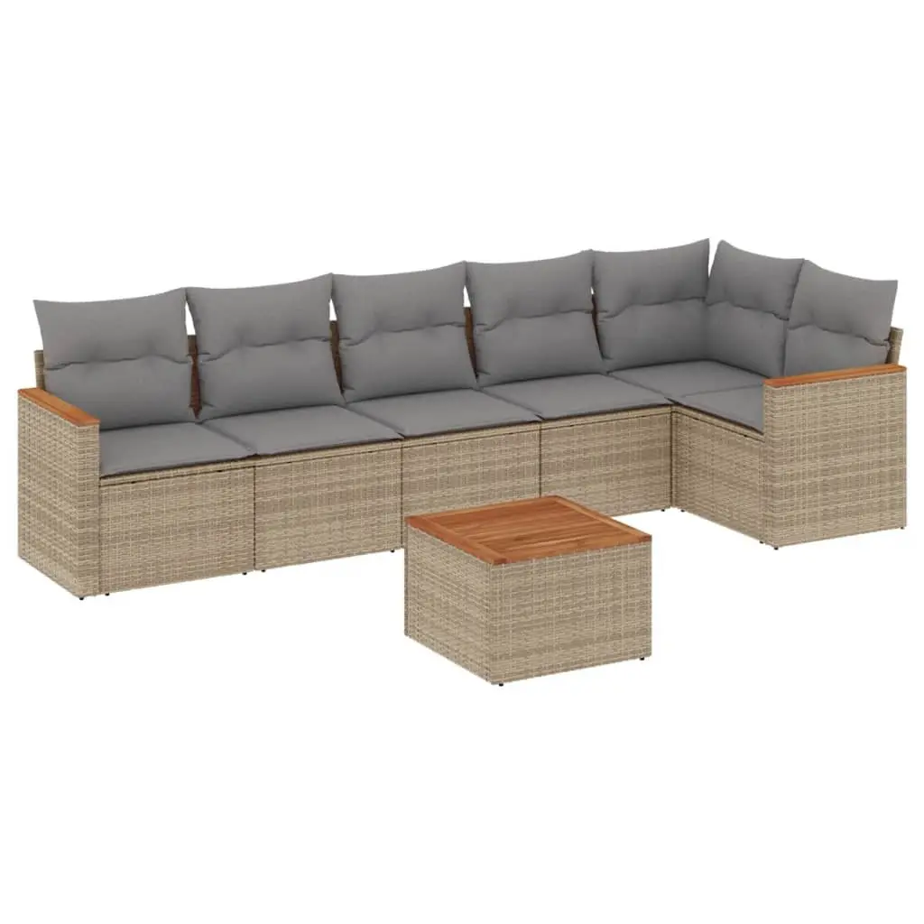 7 Piece Outdoor Garden Sofa Set PE Rattan Beige with Acacia Wood Table and Cushions