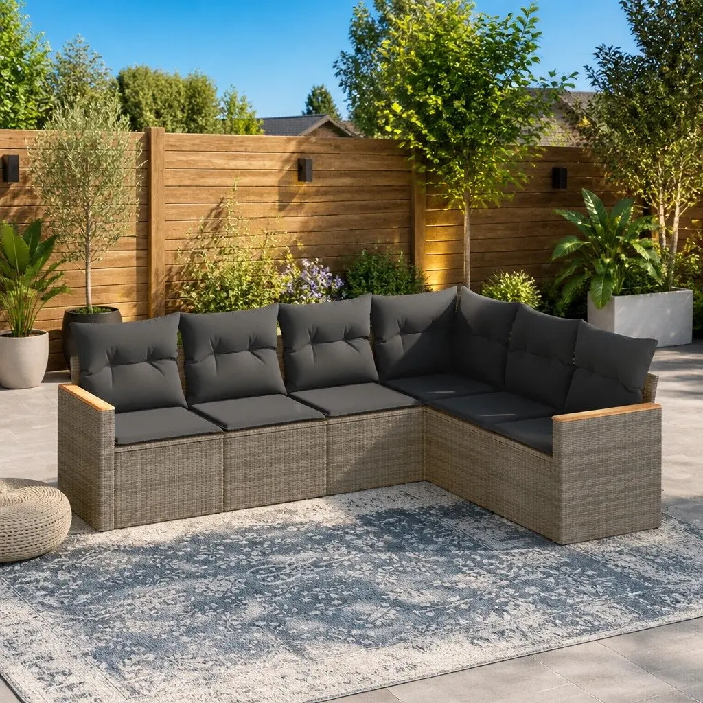 Garden Sofa Set 6 Piece PE Rattan Modular Outdoor Furniture Grey with Cushions