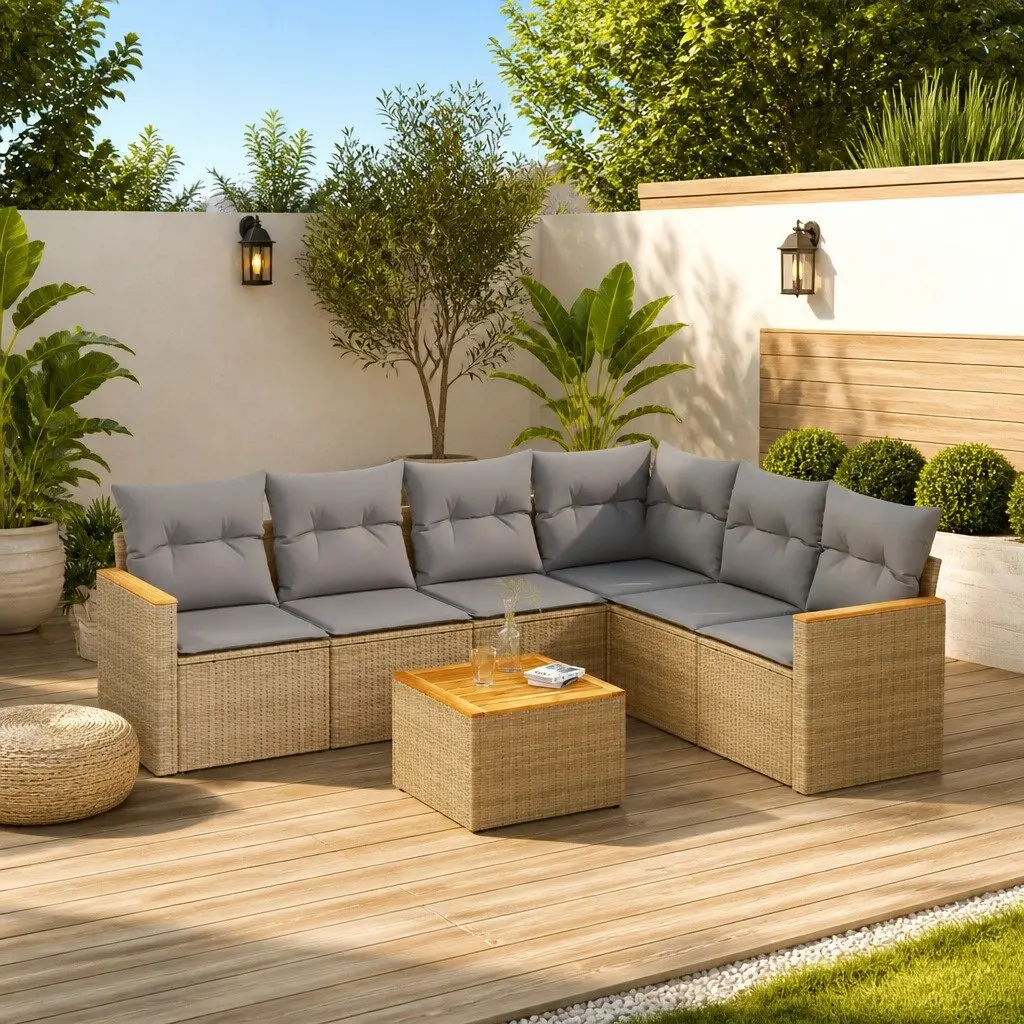 7 Piece Outdoor Garden Sofa Set PE Rattan Beige with Acacia Wood Table Top