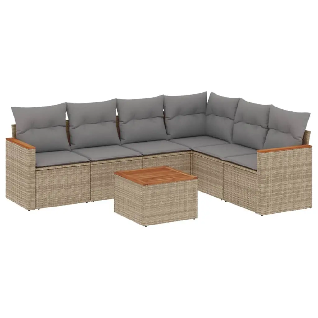 7 Piece Outdoor Garden Sofa Set PE Rattan Beige with Acacia Wood Table Top