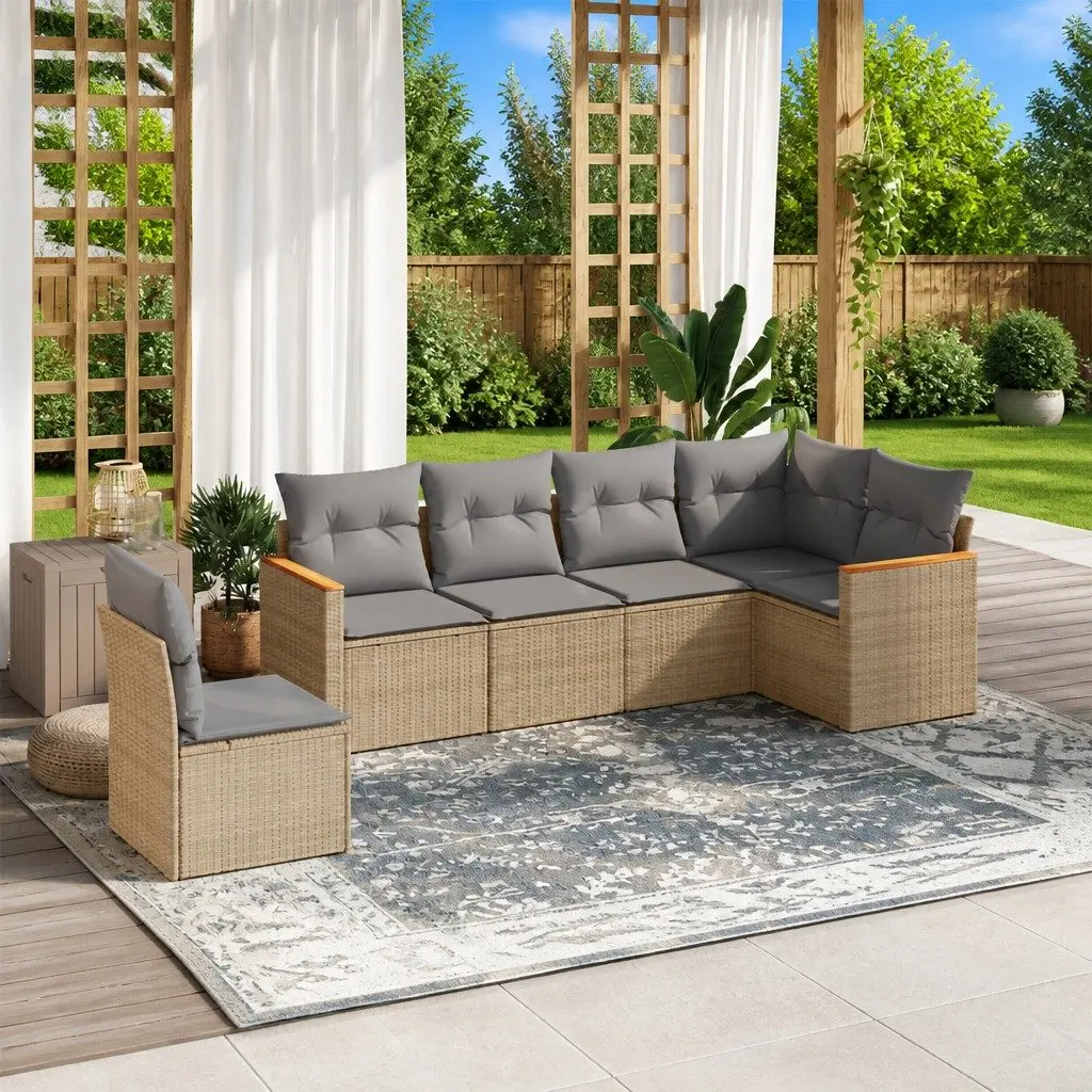6 Piece Modular Outdoor Furniture Beige PE Rattan Garden Sofa Set with Cushions and Storage
