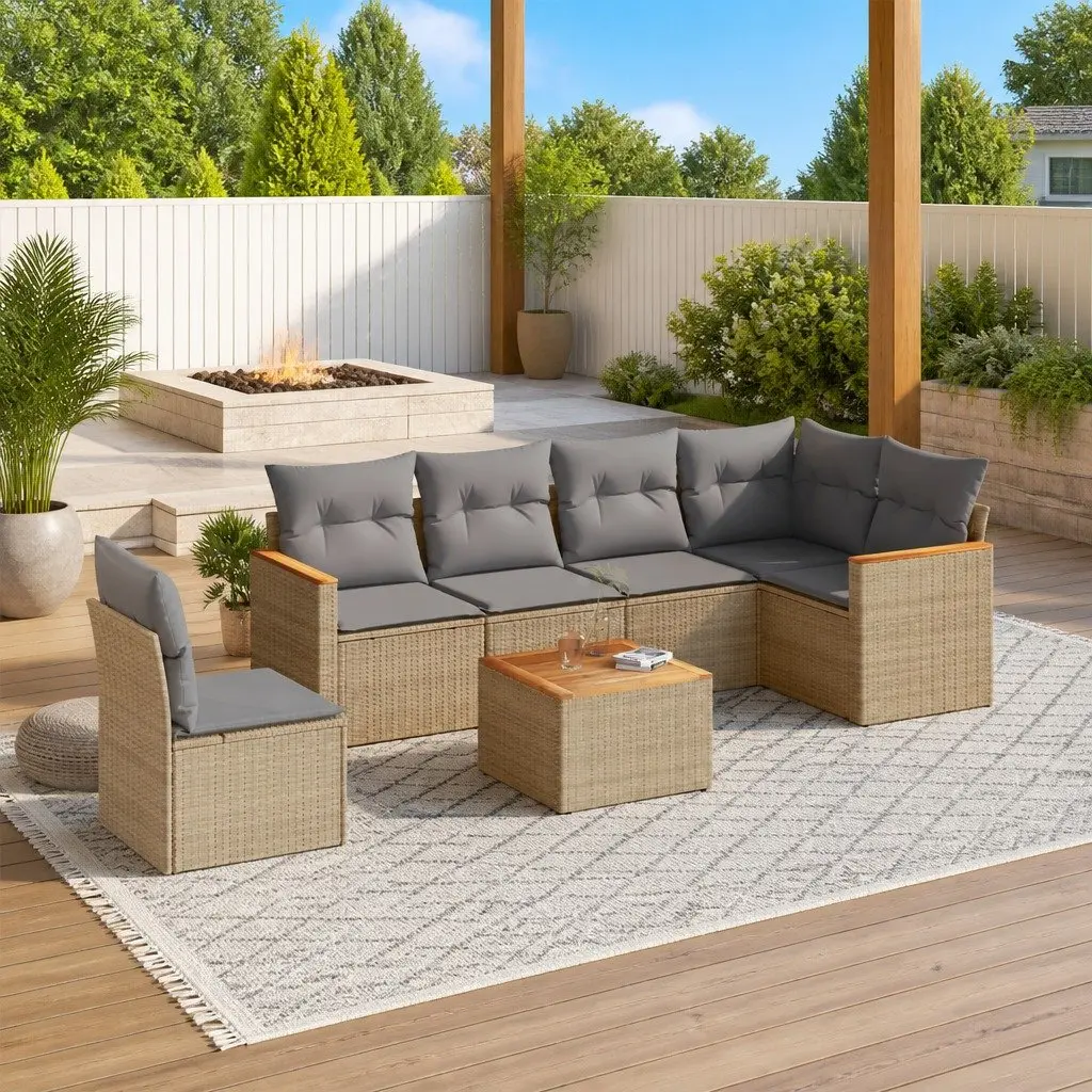 7 Piece Garden Sofa Set Outdoor Furniture Beige Poly Rattan with Cushions