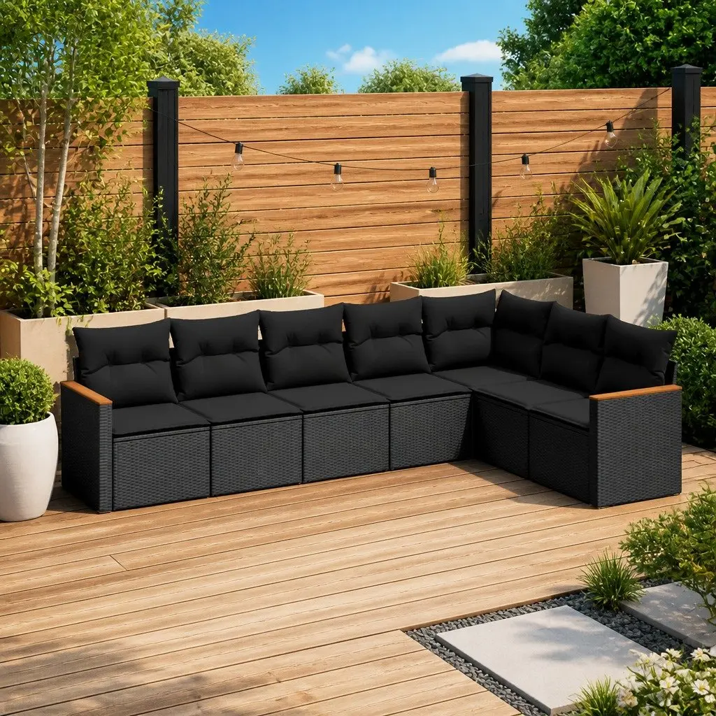 Garden Sofa Set 7 Piece Outdoor Furniture Black Poly Rattan Patio Lounge with