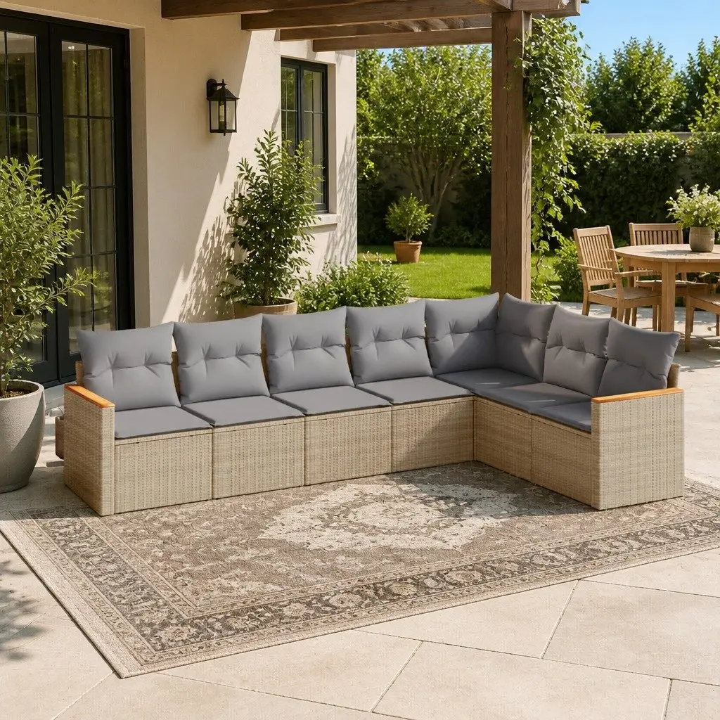 7 Piece Garden Sofa Set PE Rattan Beige Outdoor Furniture Patio Cushions