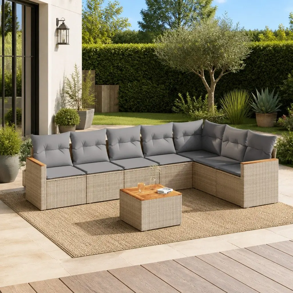 Garden Sofa Set 8 Piece Outdoor Furniture Beige Poly Rattan Patio Sectional