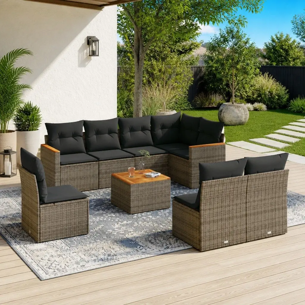 9 Piece Outdoor Modular Sofa Set with Storage Grey PE Rattan Frame Acacia Wood Table Top