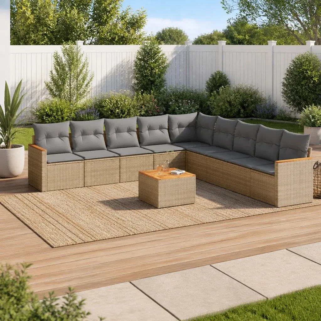 10 Piece Garden Sofa Set Beige Poly Rattan Patio Furniture Cushions Storage Bag