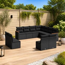 Garden Sofa Set 11 Piece Outdoor Furniture Black Poly Rattan Modular Patio