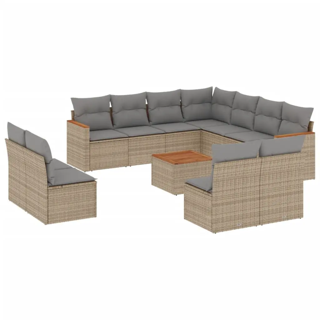 12 Piece Modular Outdoor Sofa Set Beige Poly Rattan with Cushions and Acacia Wood Tabletop