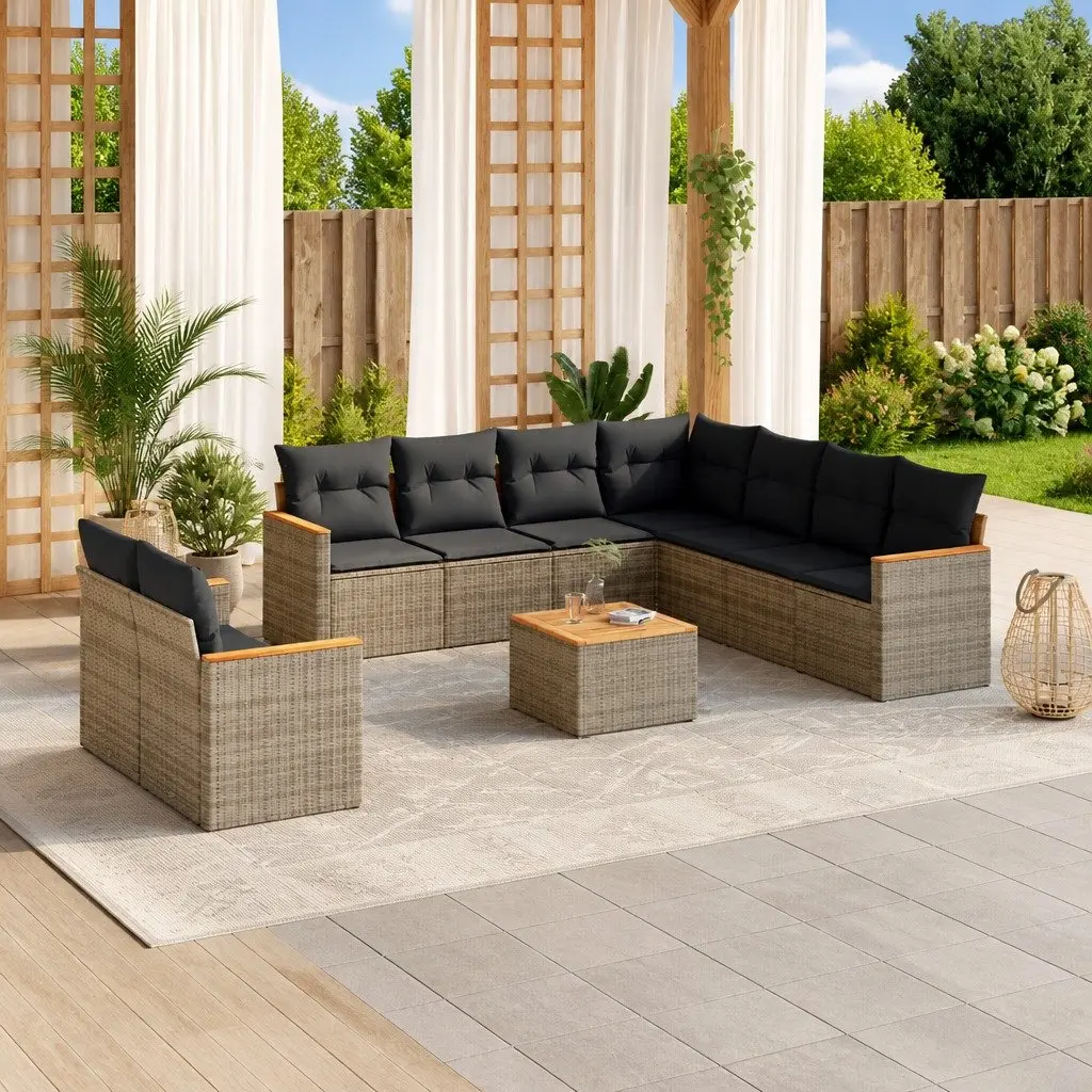 10 Piece Outdoor Sofa Set Grey PE Rattan with Cushions and Acacia Wood Tabletop
