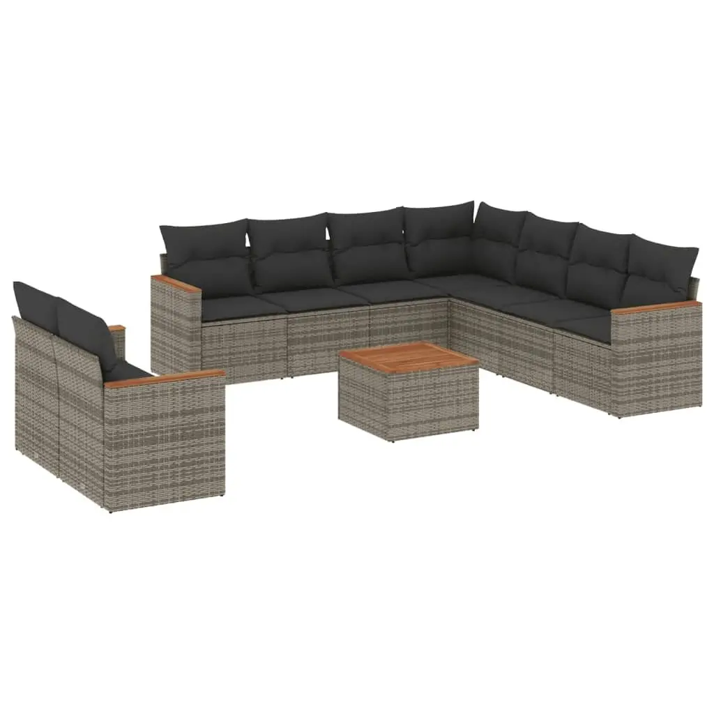 10 Piece Outdoor Sofa Set Grey PE Rattan with Cushions and Acacia Wood Tabletop