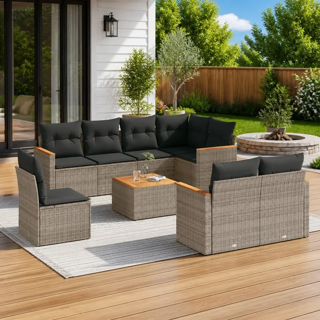 Garden Sofa Set 9 Piece Poly Rattan Outdoor Furniture Grey with Cushions