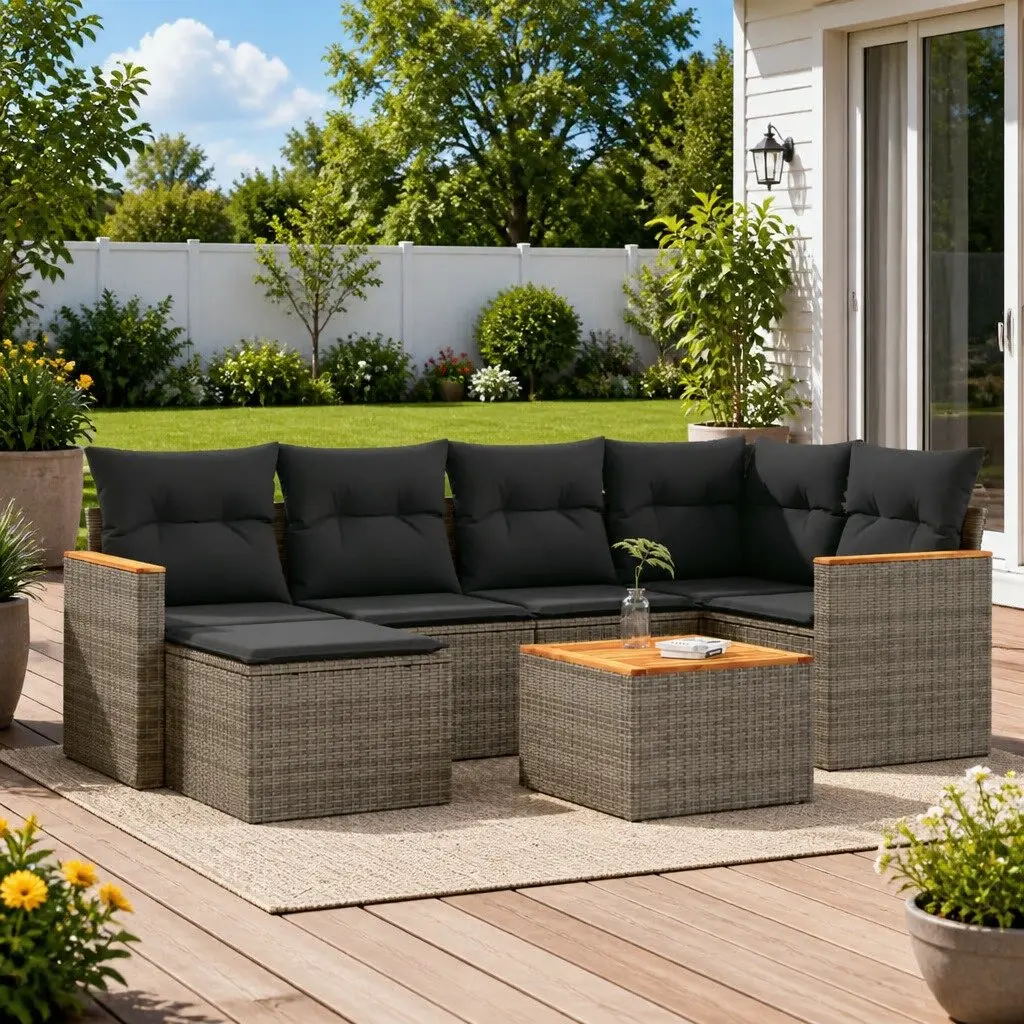 Garden Sofa Set 7 Piece Outdoor Furniture Grey PE Rattan with Acacia Wood Tabletop and Cushions