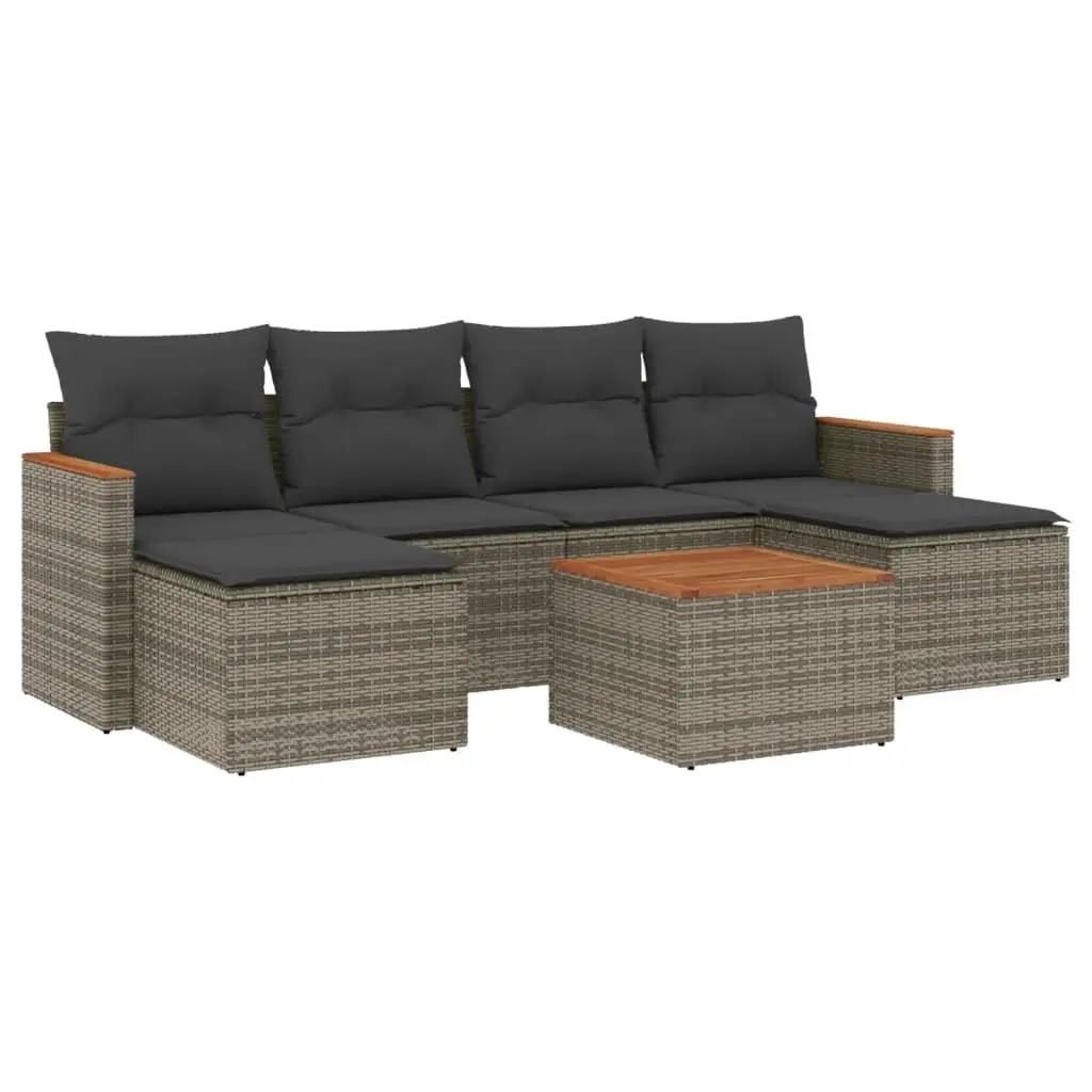 7 Piece Garden Sofa Set Grey PE Rattan Outdoor Furniture with Acacia Wood Tabletop and Storage Cushions
