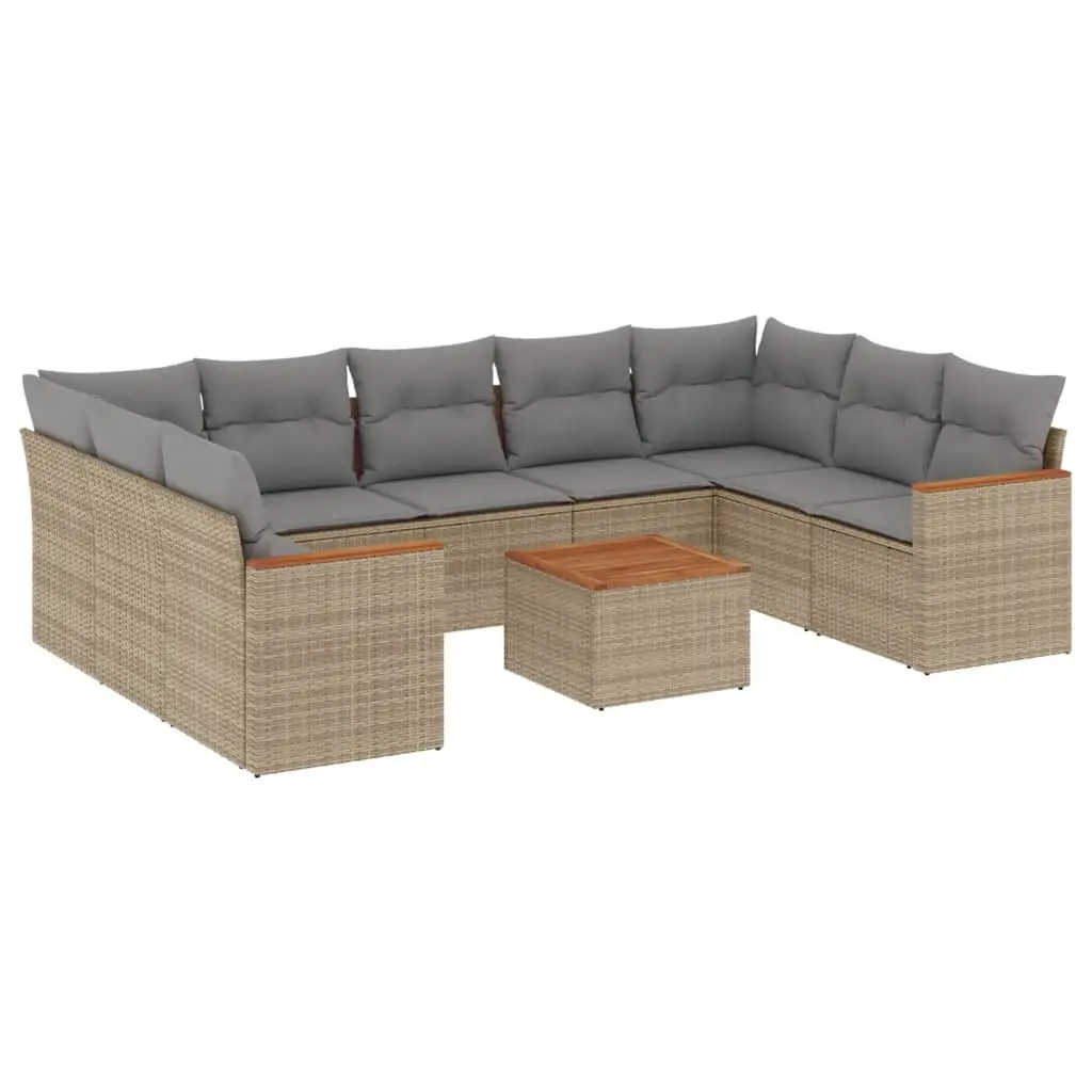 10 Piece Outdoor Furniture Set Modular Beige Poly Rattan with Cushions and Acacia Wood Table