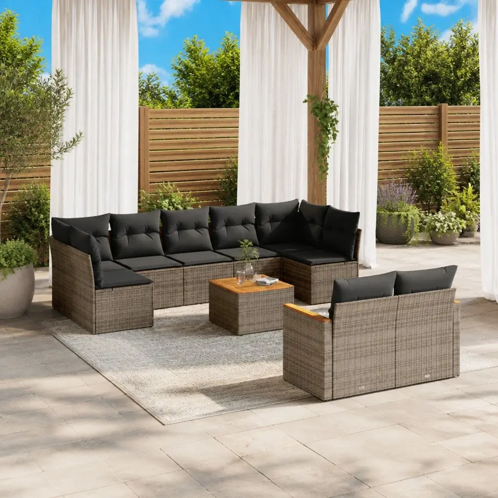 Garden Sofa Set PE Rattan 10 Piece Modular Outdoor Furniture Grey Acacia Wood Tabletop