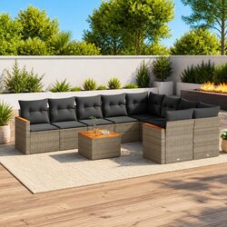 10 Piece Outdoor Garden Sofa Set Grey Poly Rattan Patio Furniture with Cushions