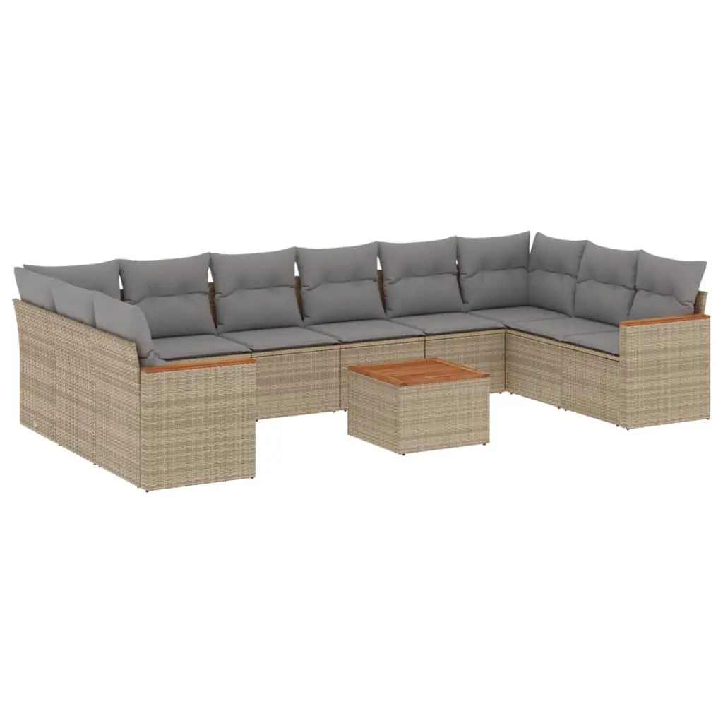 Garden Sofa Set PE Rattan Frame Acacia Wood Tabletop 11 Piece Outdoor Furniture Patio Beige with Cushions