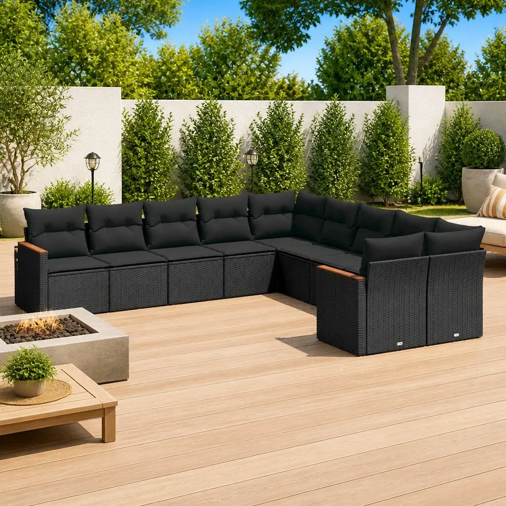 10 Piece Modular Outdoor Furniture Set Black PE Rattan with Cushions
