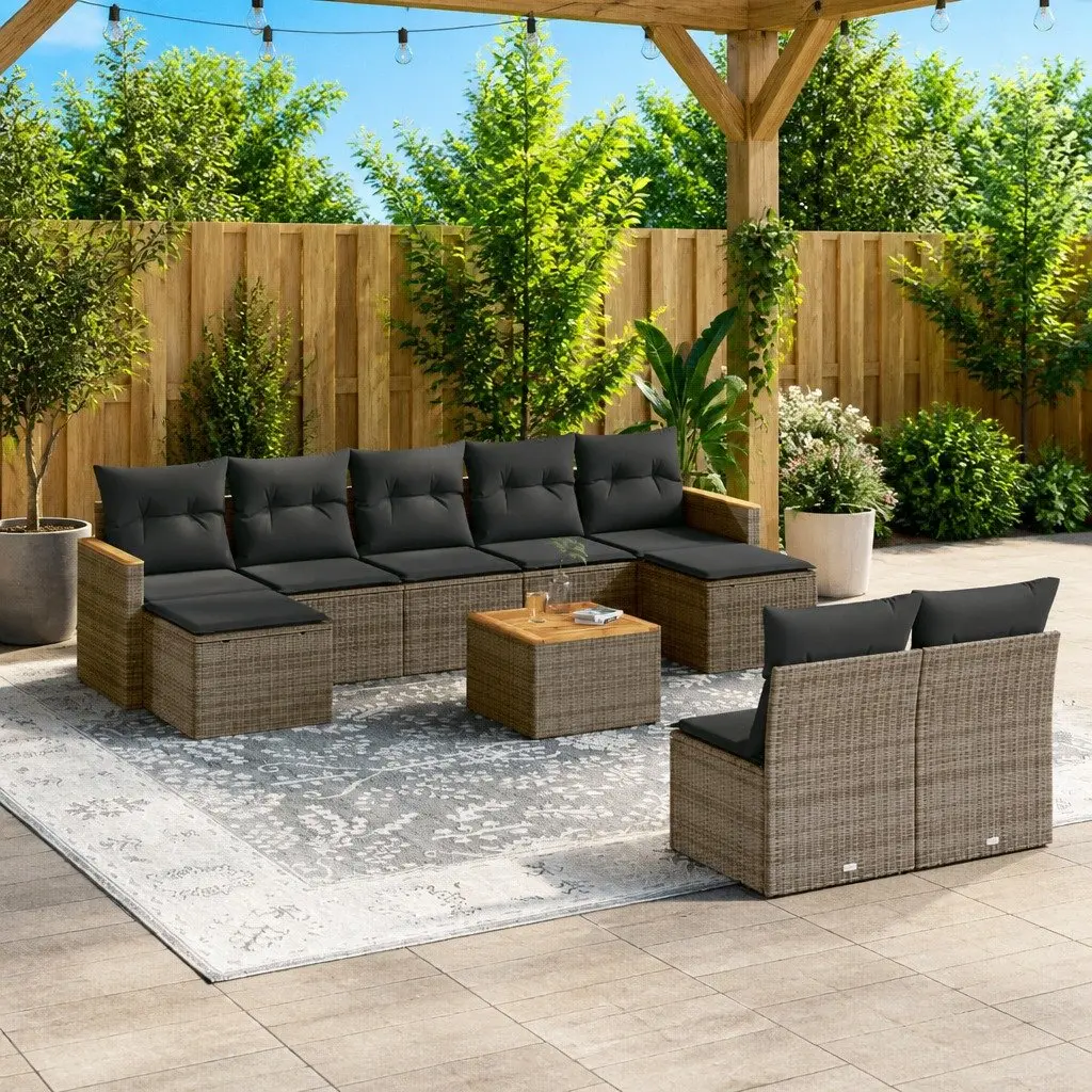 Garden Sofa Set 10 Piece PE Rattan Grey Outdoor Furniture Acacia Wood Table Top