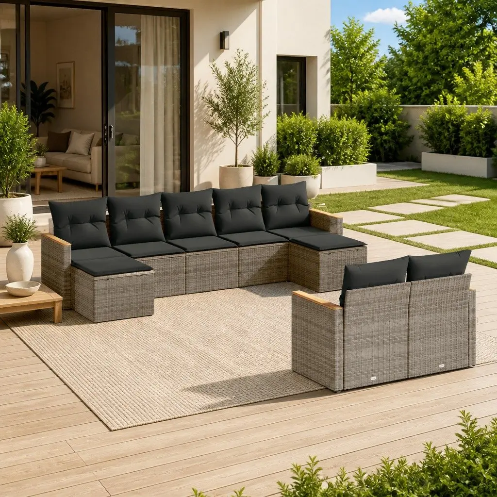 Garden Sofa Set 9 Piece Outdoor Furniture Patio Grey Poly Rattan with Cushions