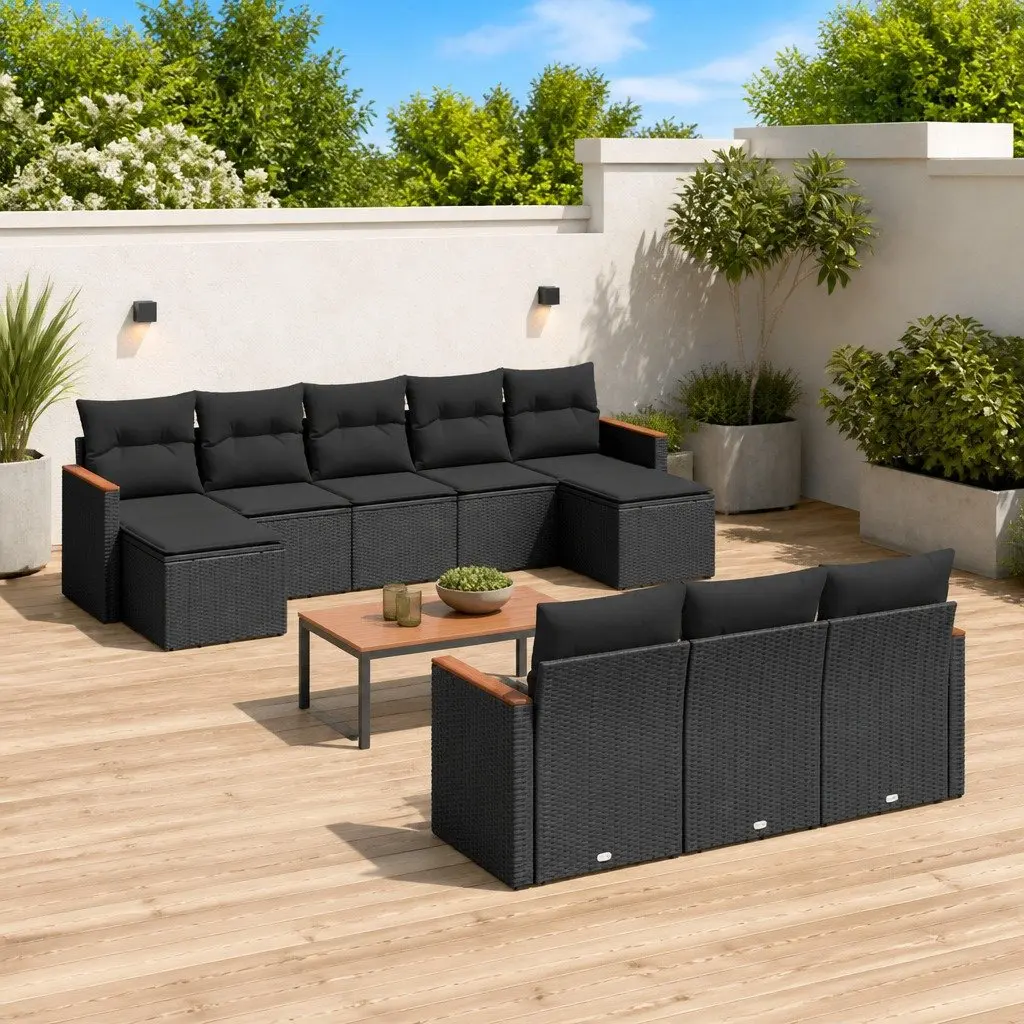 Garden Sofa Set 10 Piece Outdoor Furniture Patio Lounge Black Poly Rattan